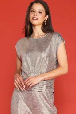 SKIES ARE BLUE Short Sleeve Tops*Metallic Foil Print Shirred Waist Top Champagne