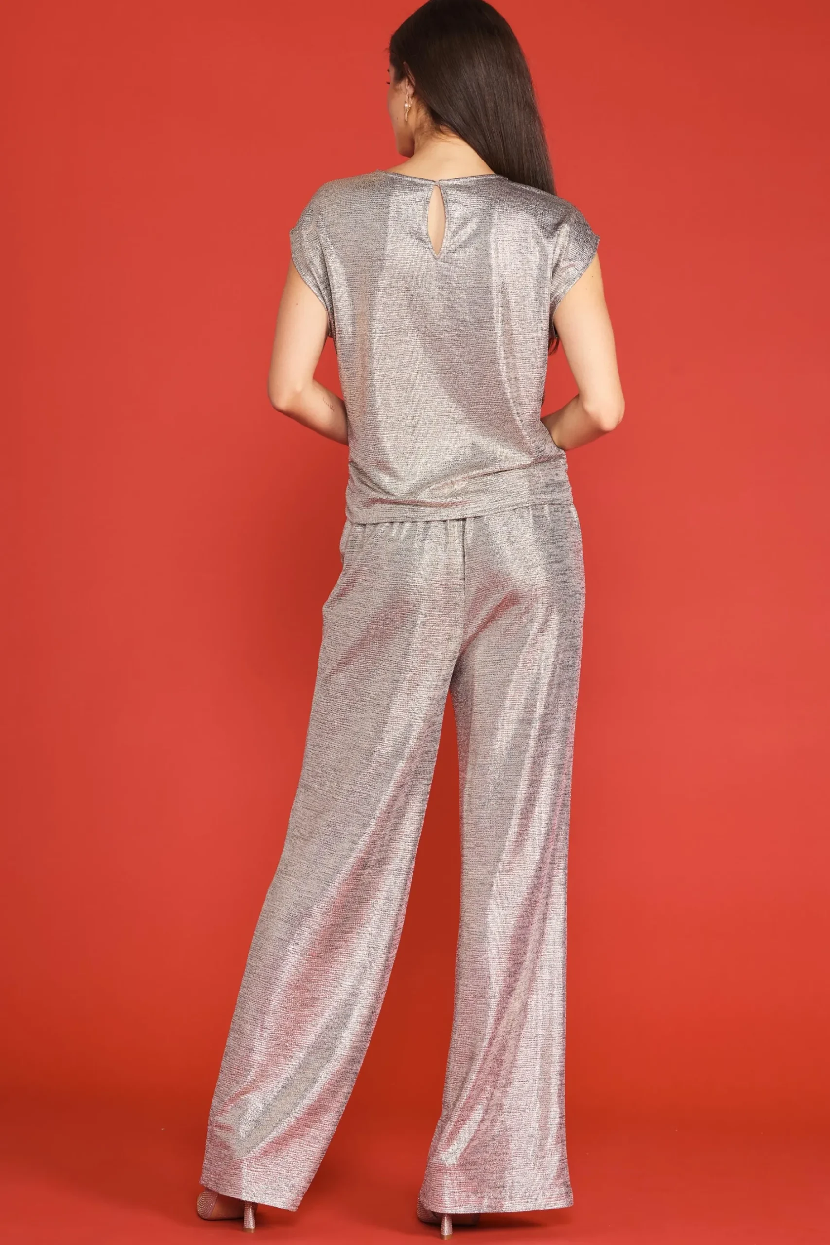SKIES ARE BLUE Short Sleeve Tops*Metallic Foil Print Shirred Waist Top Champagne