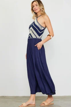 SKIES ARE BLUE Midi Dresses*Mixed Media Halter Neck Midi Dress Navy-offwhite