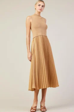 SKIES ARE BLUE Midi Dresses*Mixed Media Pleated Midi Dress Tan