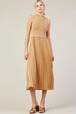SKIES ARE BLUE Midi Dresses*Mixed Media Pleated Midi Dress Tan