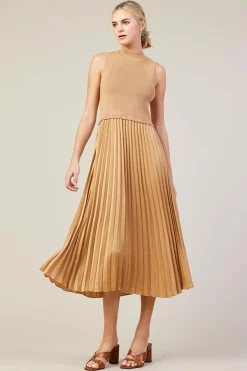 SKIES ARE BLUE Midi Dresses*Mixed Media Pleated Midi Dress Tan