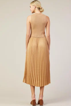 SKIES ARE BLUE Midi Dresses*Mixed Media Pleated Midi Dress Tan