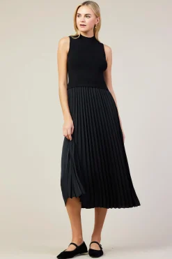 SKIES ARE BLUE Midi Dresses*Mixed Media Pleated Midi Dress Black