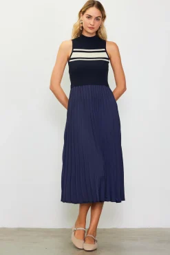 SKIES ARE BLUE Midi Dresses*Mixed Media Pleated Midi Dress Navy