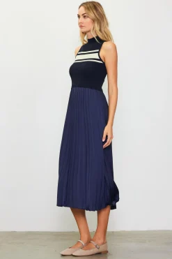 SKIES ARE BLUE Midi Dresses*Mixed Media Pleated Midi Dress Navy