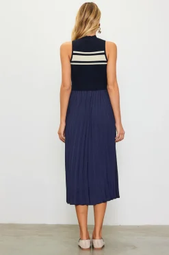 SKIES ARE BLUE Midi Dresses*Mixed Media Pleated Midi Dress Navy