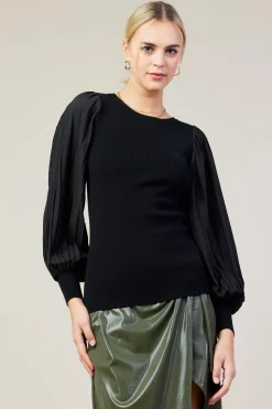SKIES ARE BLUE Long Sleeve Tops*Mixed Media Pleated Sleeve Top Black