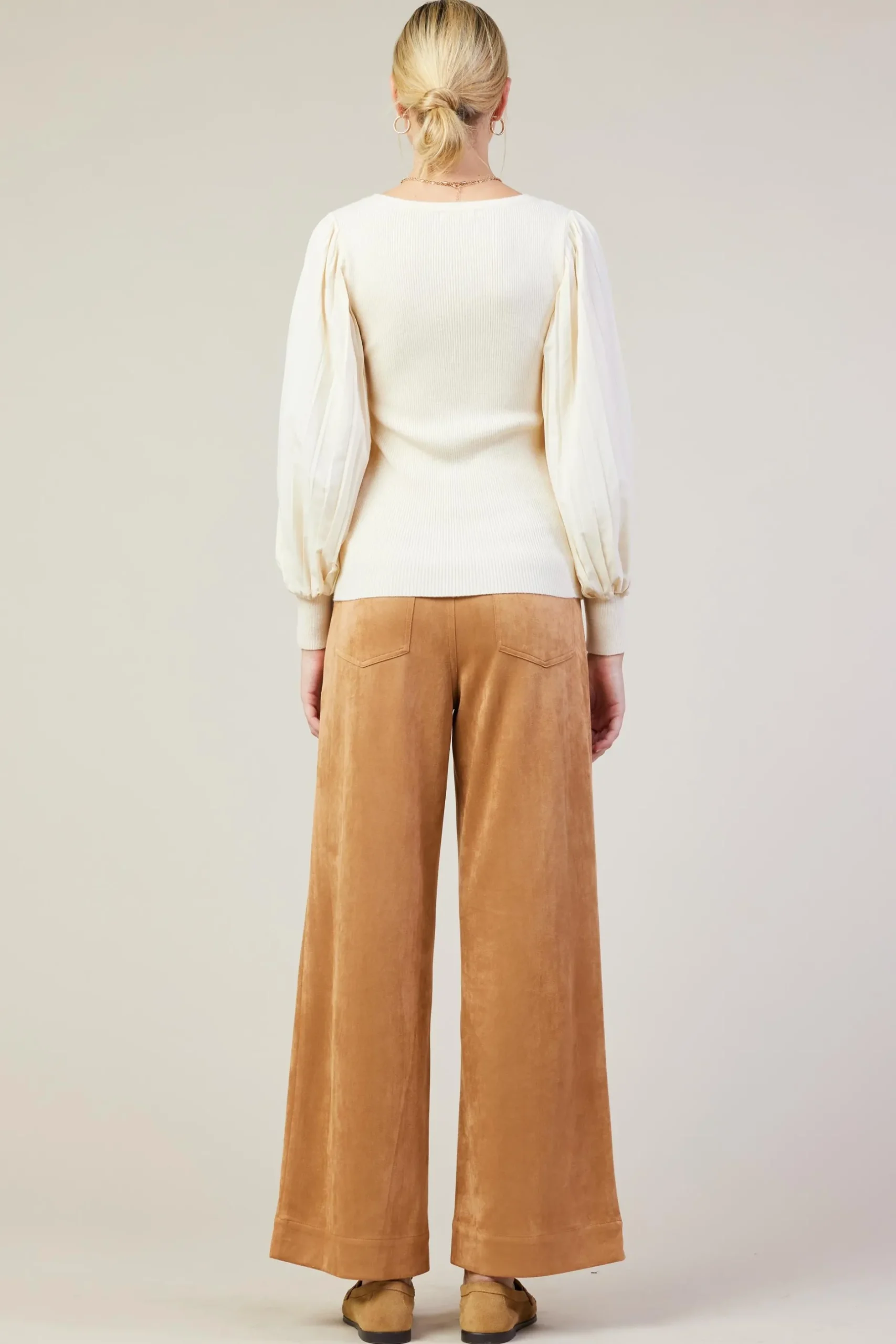 SKIES ARE BLUE Long Sleeve Tops*Mixed Media Pleated Sleeve Top Cream