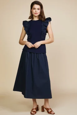 SKIES ARE BLUE Sleeveless Tops*Mixed Media Ruffled Knit Top Navy