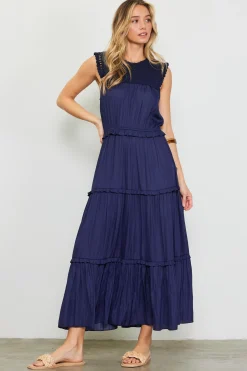 SKIES ARE BLUE Midi Dresses*Mixed Media Ruffled Tiered Midi Dress Navy