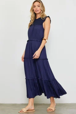 SKIES ARE BLUE Midi Dresses*Mixed Media Ruffled Tiered Midi Dress Navy
