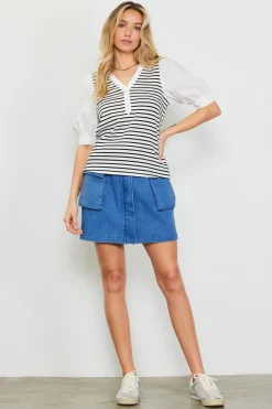 SKIES ARE BLUE Short Sleeve Tops*Mixed Media Striped Puff Sleeve Top Offwhite-black