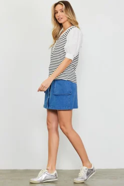 SKIES ARE BLUE Short Sleeve Tops*Mixed Media Striped Puff Sleeve Top Offwhite-black