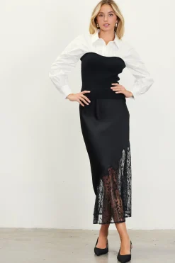 SKIES ARE BLUE Long Sleeve Tops*Mixed Media Twofer Blouse White-black