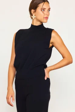 SKIES ARE BLUE Short Sleeve Tops*Mock Neck Sleeveless Knit Top Black
