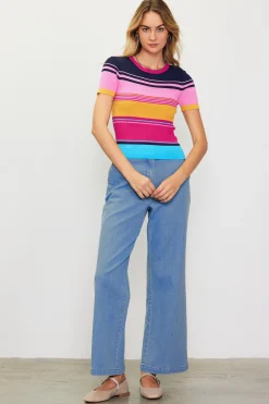 SKIES ARE BLUE Short Sleeve Tops|Sweaters*Multicolor Stripe Knit Top Rainbow