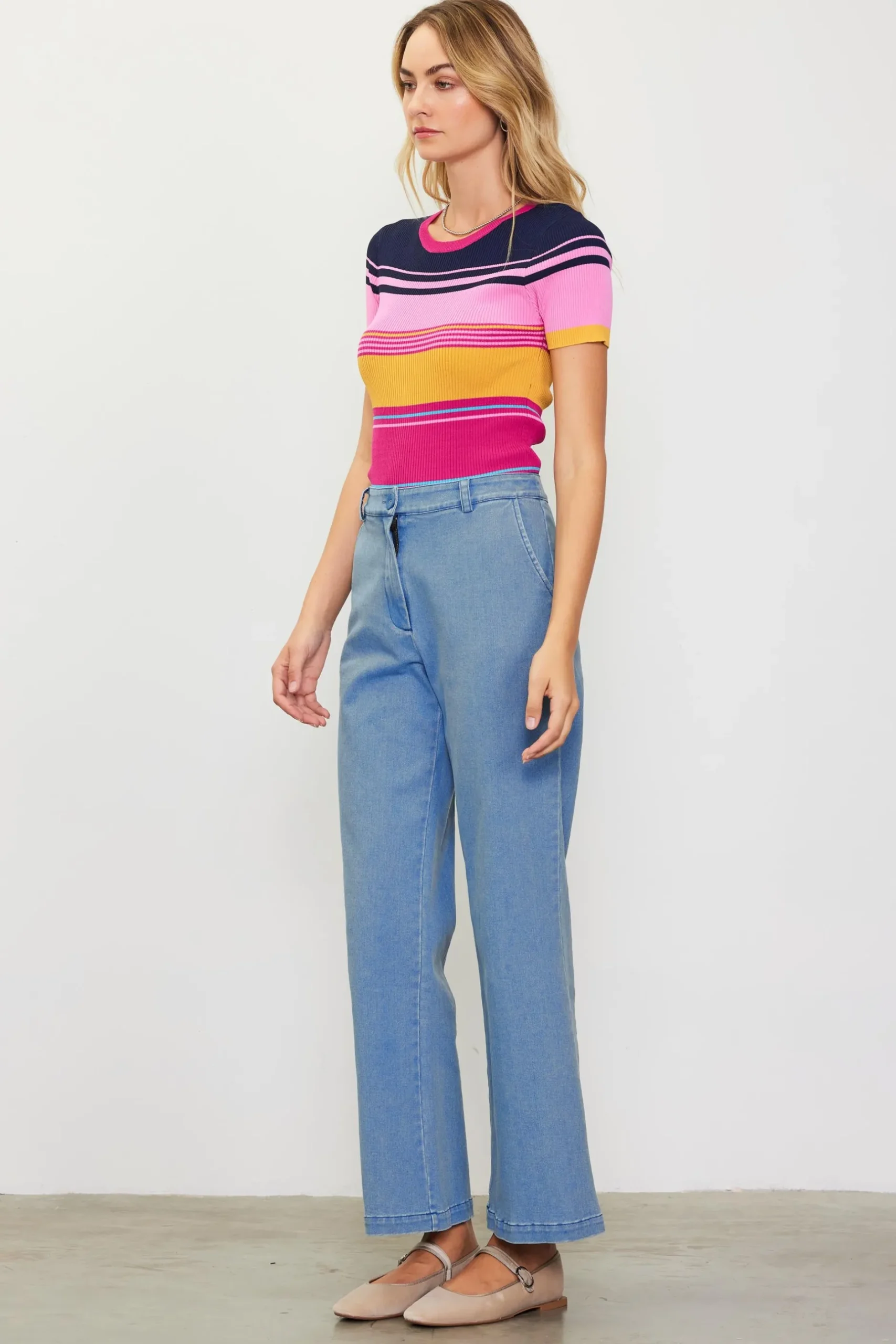 SKIES ARE BLUE Short Sleeve Tops|Sweaters*Multicolor Stripe Knit Top Rainbow