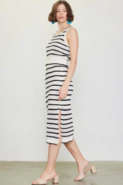 SKIES ARE BLUE Sleeveless Tops*Nautical Stripe Crochet Tank Top White-black