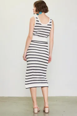 SKIES ARE BLUE Sleeveless Tops*Nautical Stripe Crochet Tank Top White-black