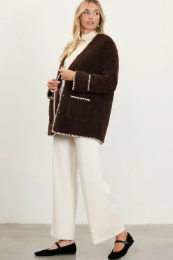 SKIES ARE BLUE Outerwear*Noelle Contrast Stitch Detail Sherpa Coat Chocolate-cream