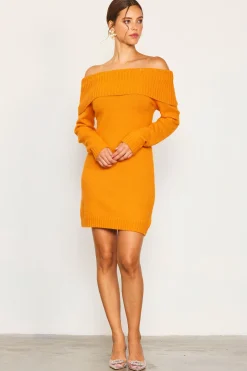 SKIES ARE BLUE Mini Dresses|Sweaters*Off Shoulder Mini Sweater Dress Tangerine