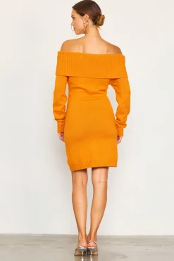 SKIES ARE BLUE Mini Dresses|Sweaters*Off Shoulder Mini Sweater Dress Tangerine