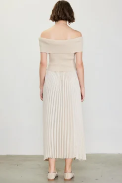 SKIES ARE BLUE Midi Dresses*Off Shoulder Mixed Media Pleated Dress Ivory