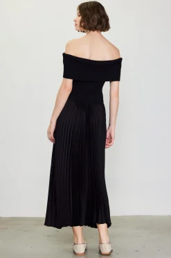 SKIES ARE BLUE Midi Dresses*Off Shoulder Mixed Media Pleated Dress Black