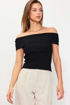 SKIES ARE BLUE Short Sleeve Tops*Off Shoulder Ribbed Knit Top Black