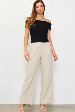 SKIES ARE BLUE Short Sleeve Tops*Off Shoulder Ribbed Knit Top Black