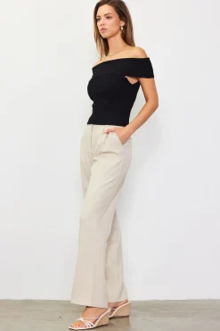 SKIES ARE BLUE Short Sleeve Tops*Off Shoulder Ribbed Knit Top Black