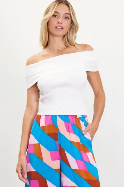 SKIES ARE BLUE Short Sleeve Tops*Off Shoulder Ribbed Knit Top Offwhite