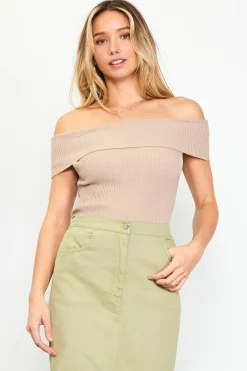 SKIES ARE BLUE Short Sleeve Tops*Off Shoulder Ribbed Knit Top Taupe