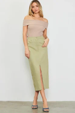 SKIES ARE BLUE Short Sleeve Tops*Off Shoulder Ribbed Knit Top Taupe