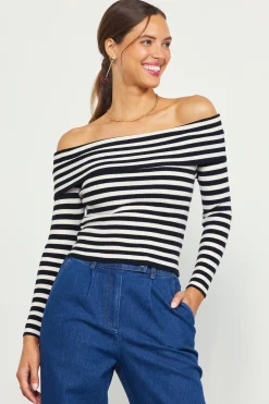 SKIES ARE BLUE Long Sleeve Tops*Off Shoulder Stripped Knit Top Black-cream