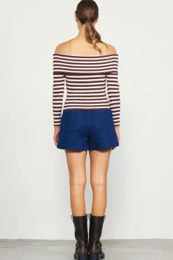 SKIES ARE BLUE Long Sleeve Tops*Off Shoulder Stripped Knit Top Chocolate-cream
