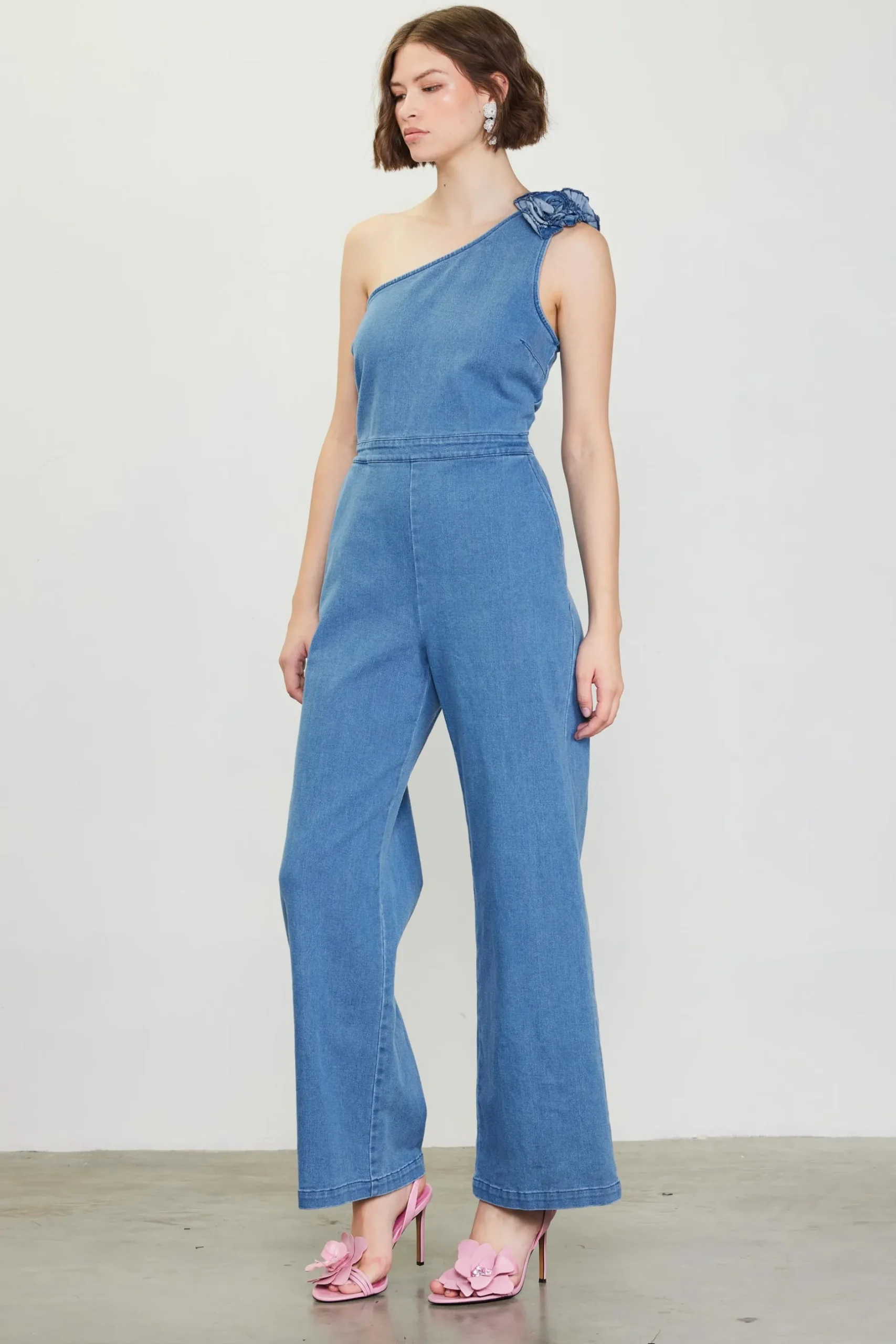 SKIES ARE BLUE Jumpsuits*One Shoulder Denim Jumpsuit with Rosette Bluedenim
