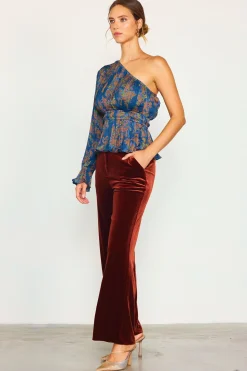 SKIES ARE BLUE Long Sleeve Tops*One Shoulder Pleated Top Teal-mustard