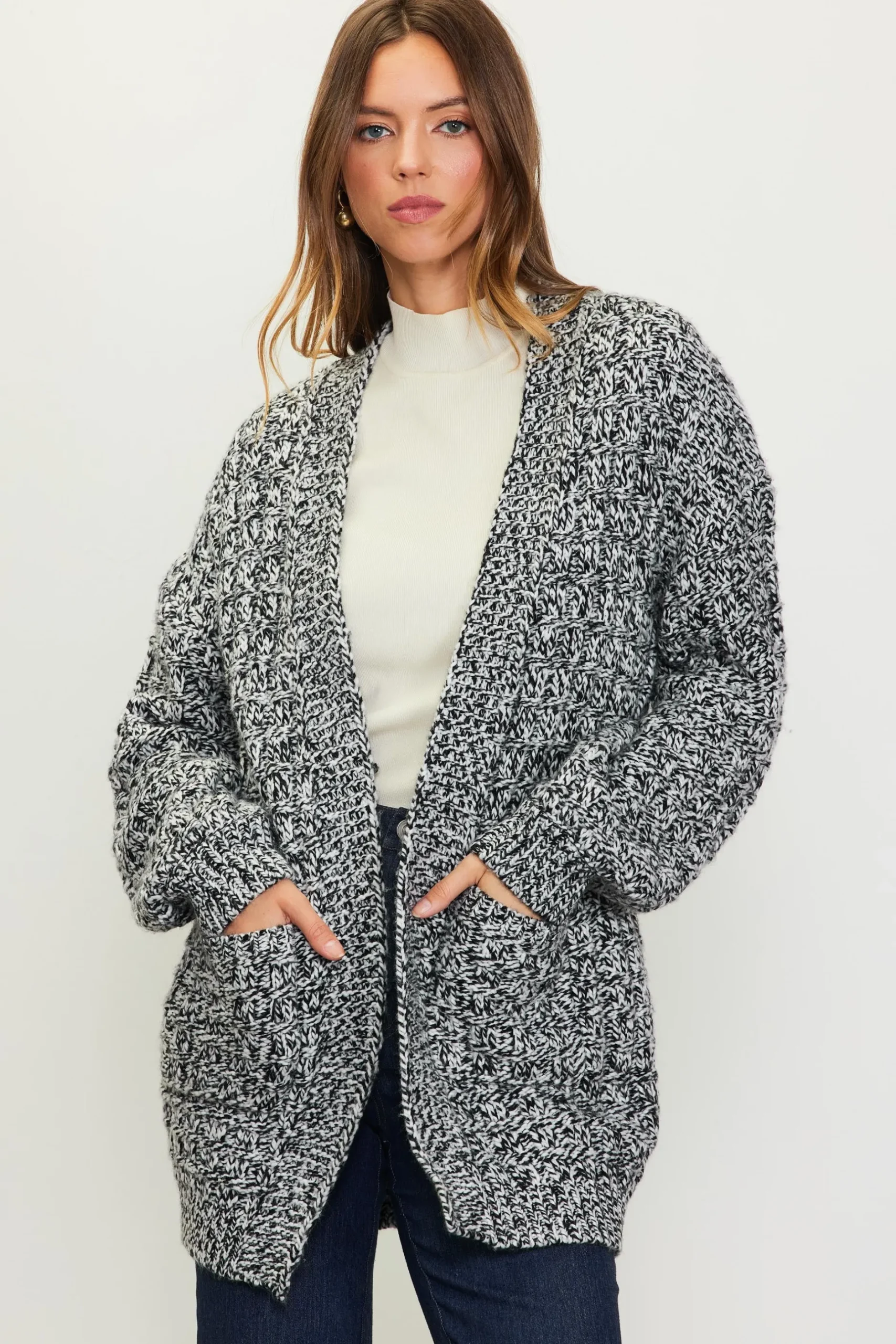 SKIES ARE BLUE Outerwear|Sweaters*Open Front Marled Cardigan Cream-black