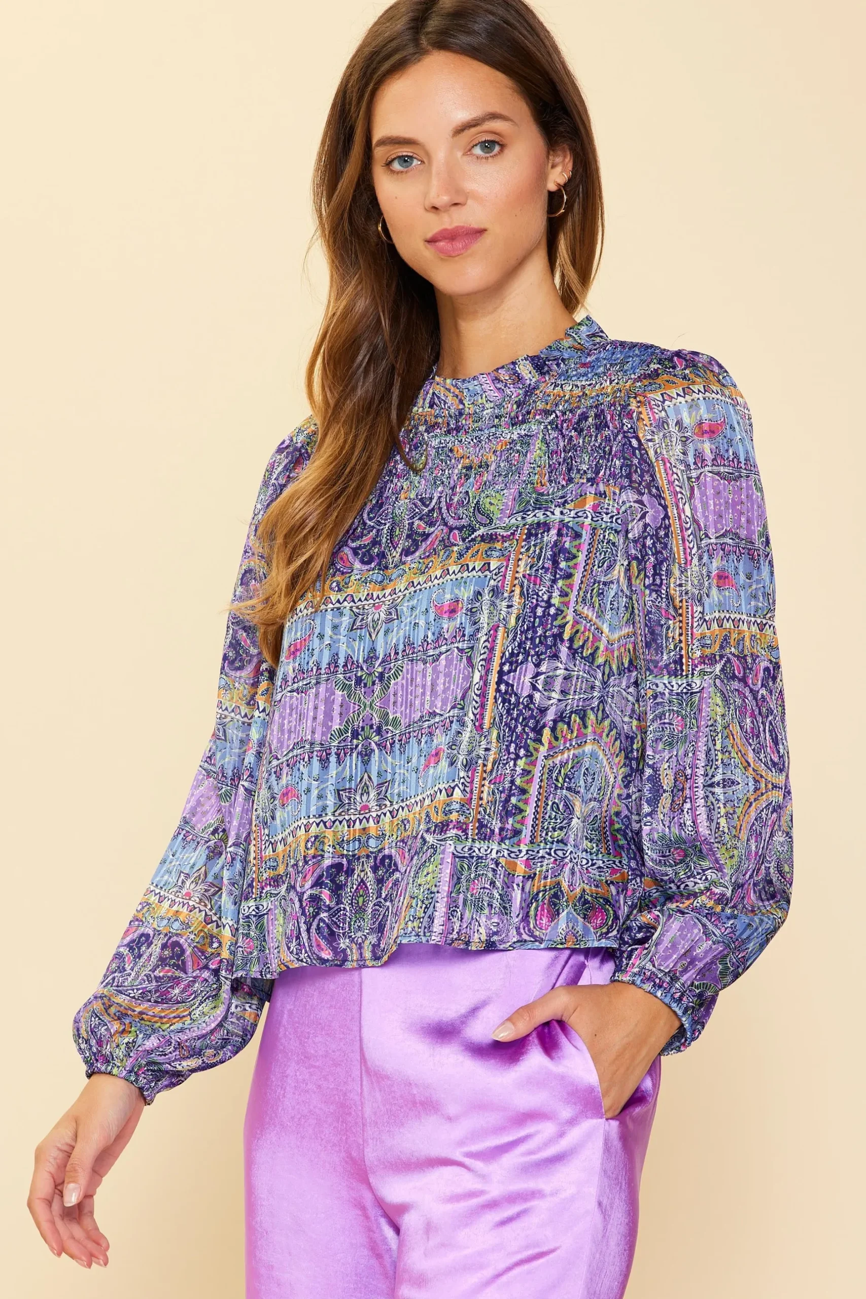 SKIES ARE BLUE Long Sleeve Tops|Blouses*Paisley Motif Smocked Detail Top Lavender-navy