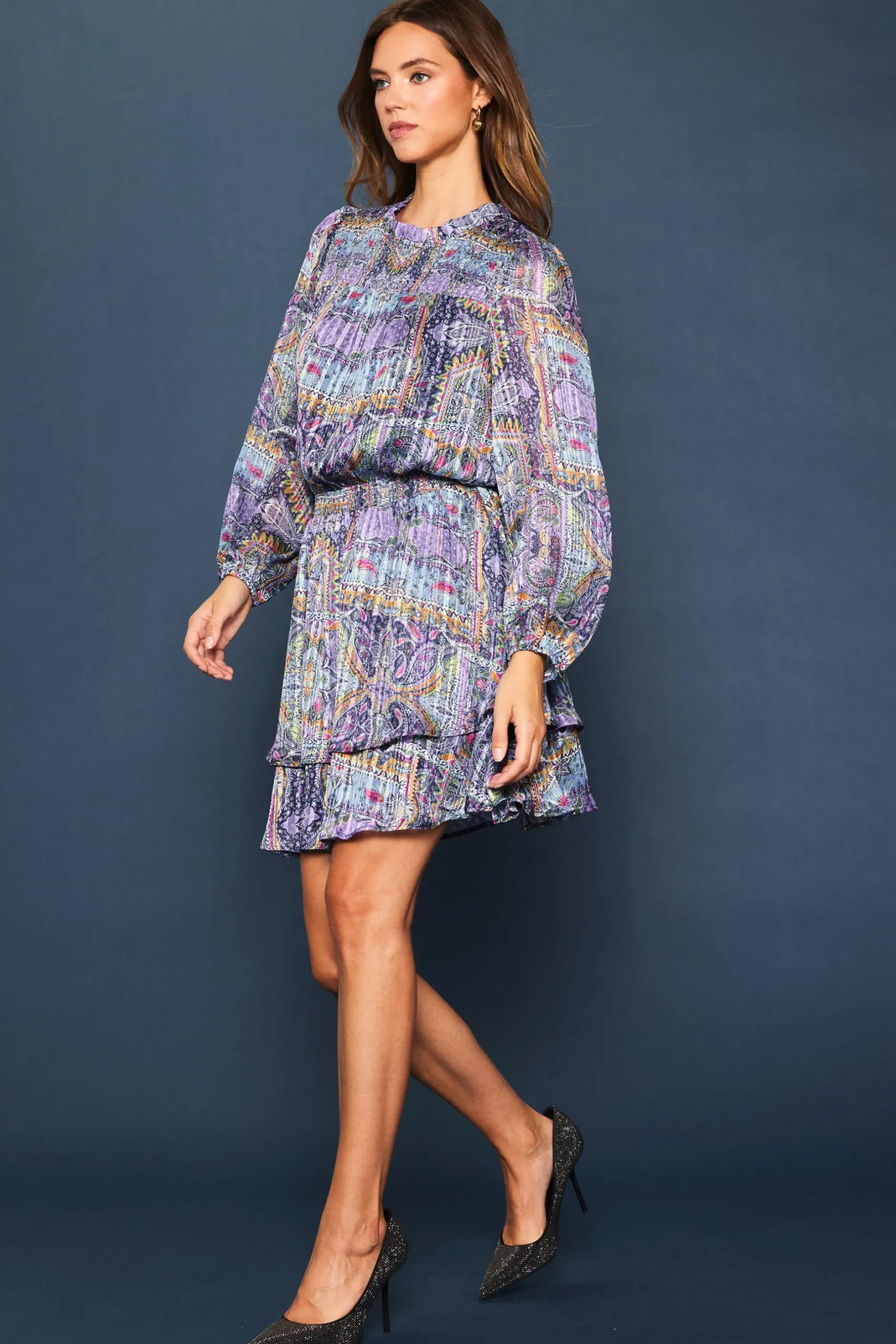 SKIES ARE BLUE Mini Dresses*Paisley Motif Smocked Mini Dress Lavender-navy