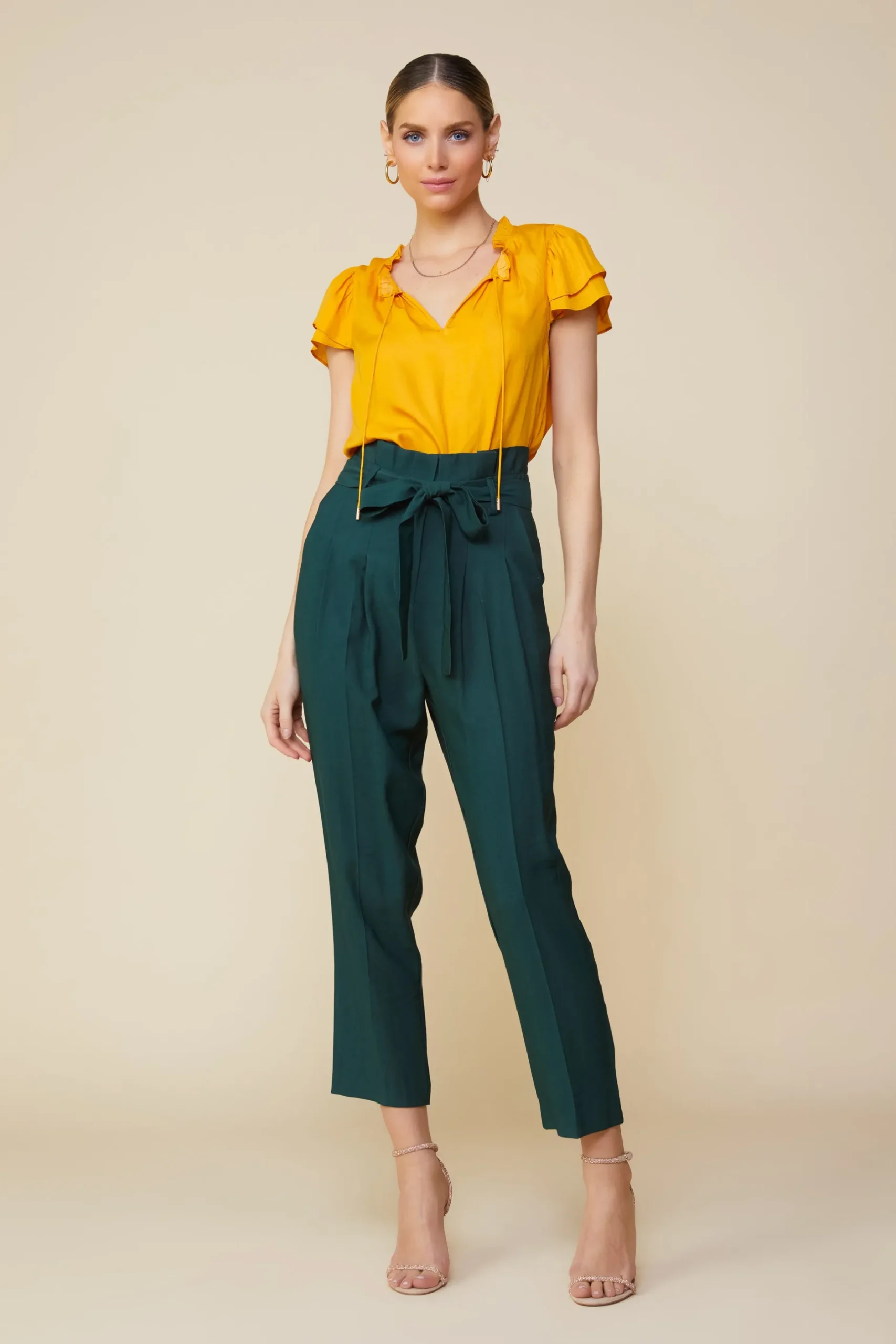 SKIES ARE BLUE Pants*Paper Bag Belted Pants Gemstonegreen