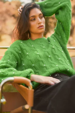 SKIES ARE BLUE Sweaters*Pearl Detail Cable Knit Sweater Spearmint