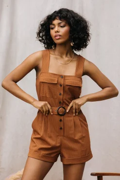 SKIES ARE BLUE Jumpsuits*Pinstripe Buttondown Romper Tuscantan