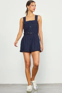SKIES ARE BLUE Jumpsuits*Pinstripe Buttondown Romper Navy