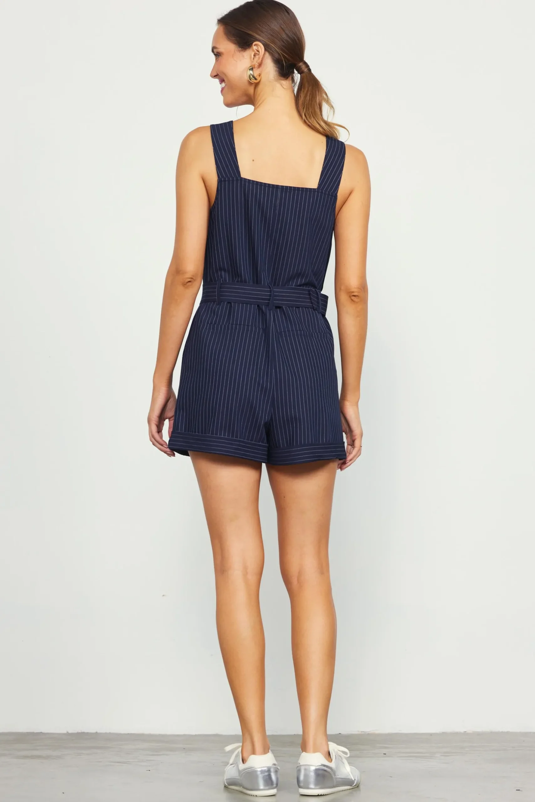 SKIES ARE BLUE Jumpsuits*Pinstripe Buttondown Romper Navy