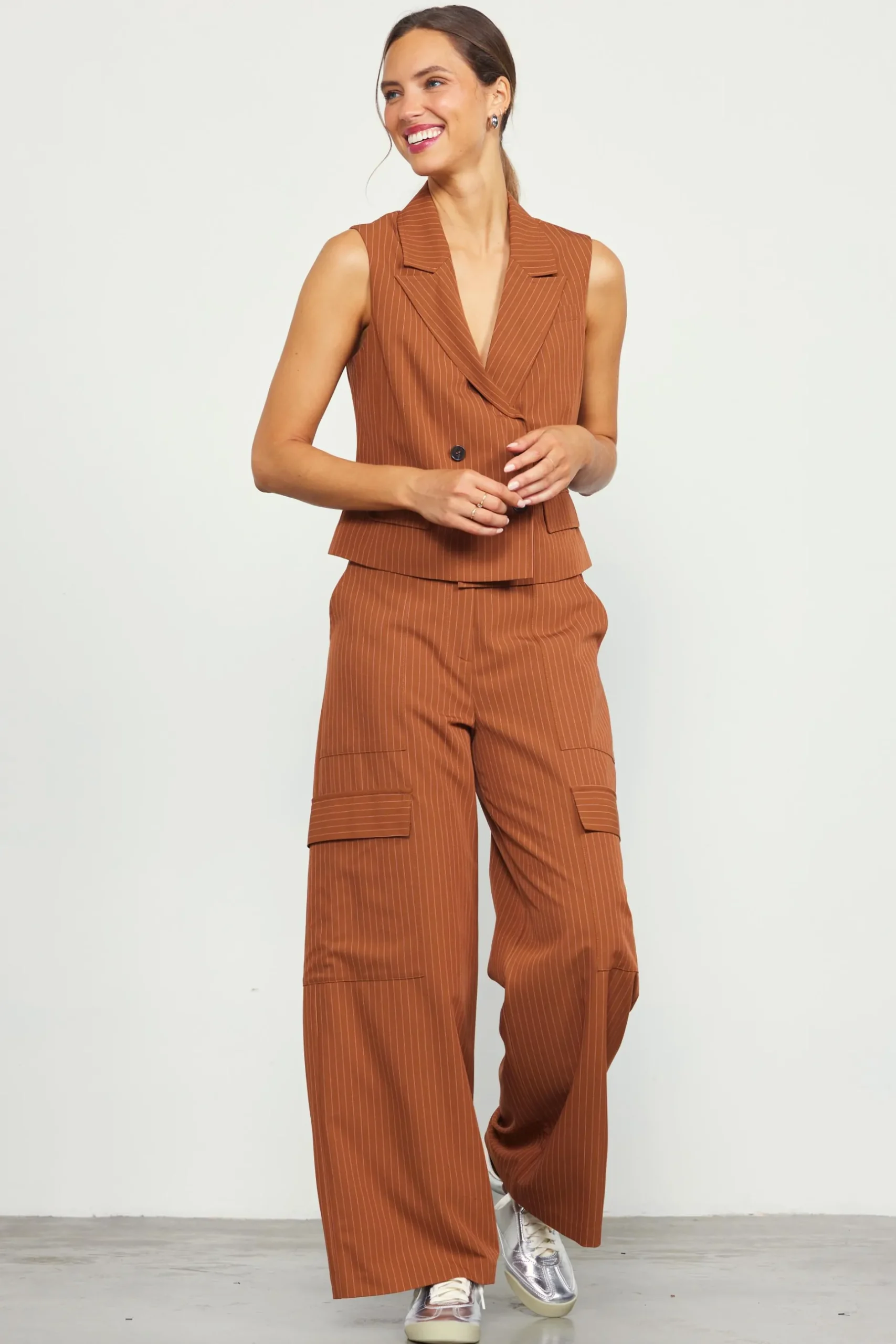 SKIES ARE BLUE Pants*Pinstriped Cargo Wide Leg Pants Tuscantan