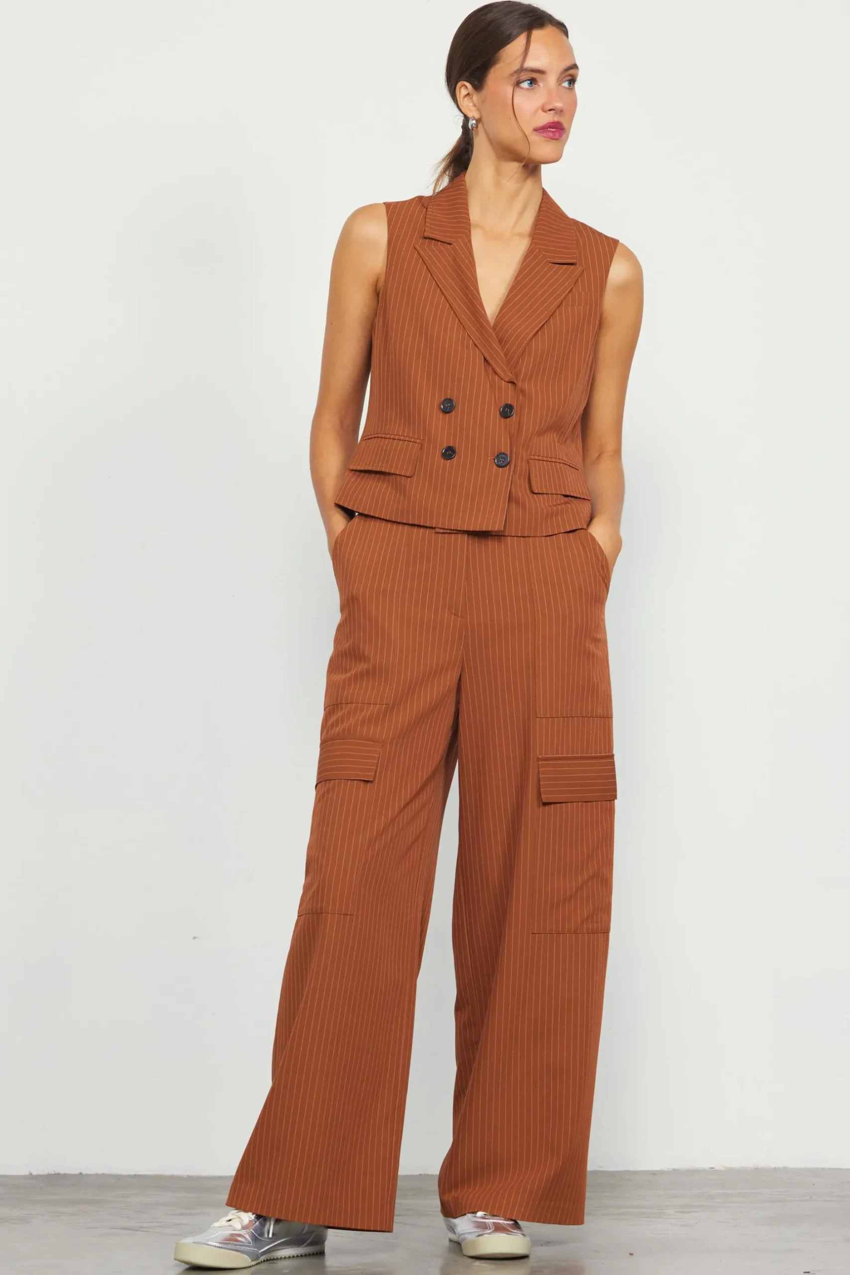 SKIES ARE BLUE Pants*Pinstriped Cargo Wide Leg Pants Tuscantan
