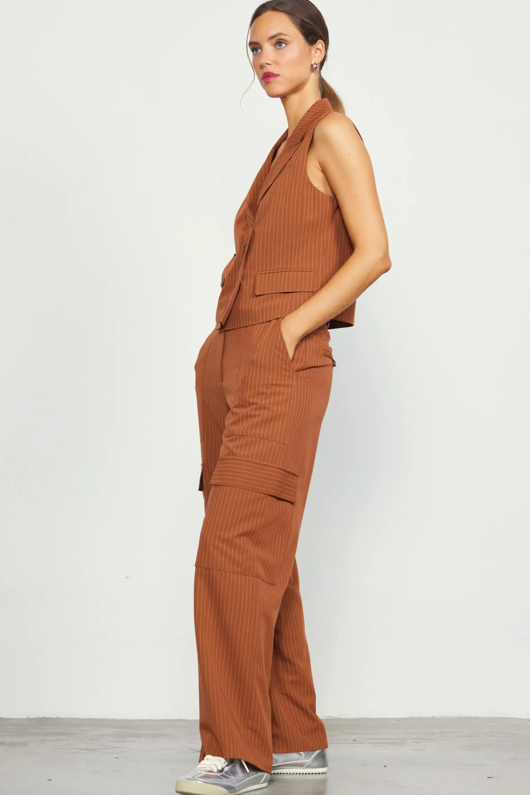 SKIES ARE BLUE Pants*Pinstriped Cargo Wide Leg Pants Tuscantan